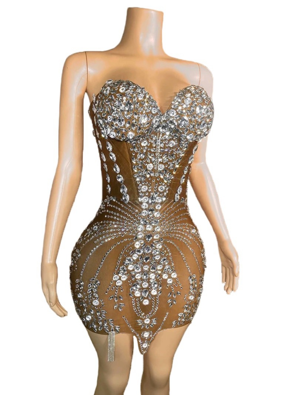 Strapless Crystal-Embellished Nude Mini Dress